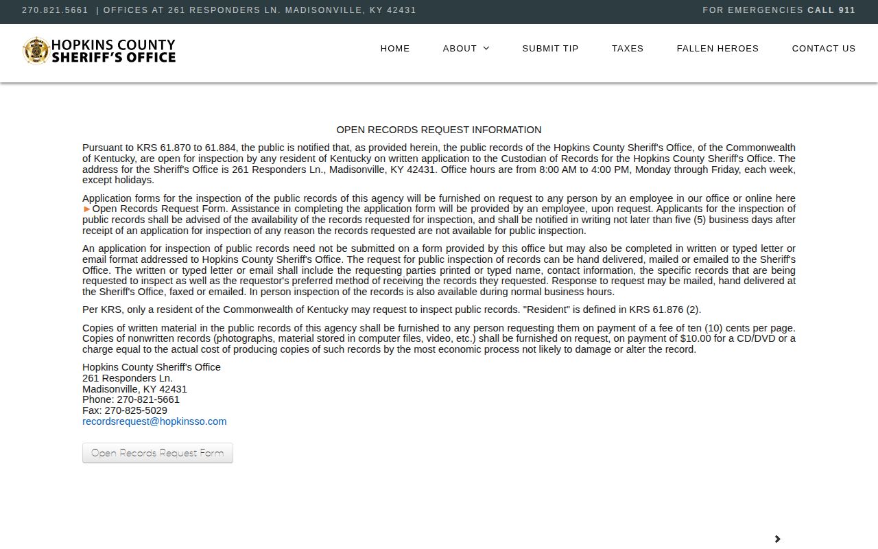 Hopkins County Sheriff open records request webpage