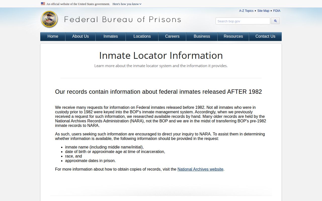 Federal Bureau of Prisons inmate locator records guidance